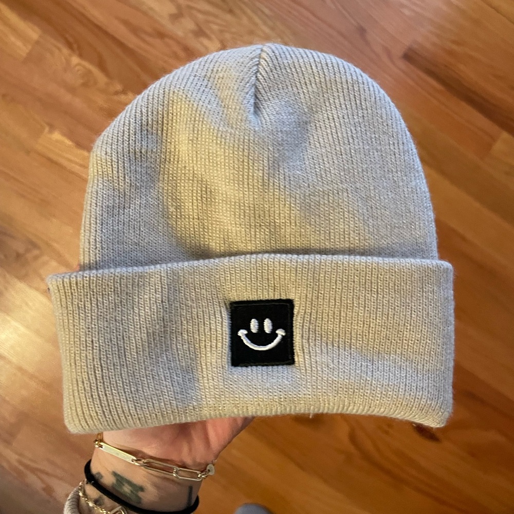 Smiley Face Beige Knit Beanie